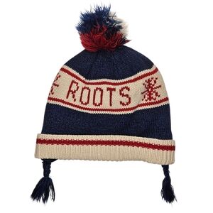 Roots Kids Canada Pom Pom Beanie Hat Earflap Winter Knit Blue Red 3-5 Years